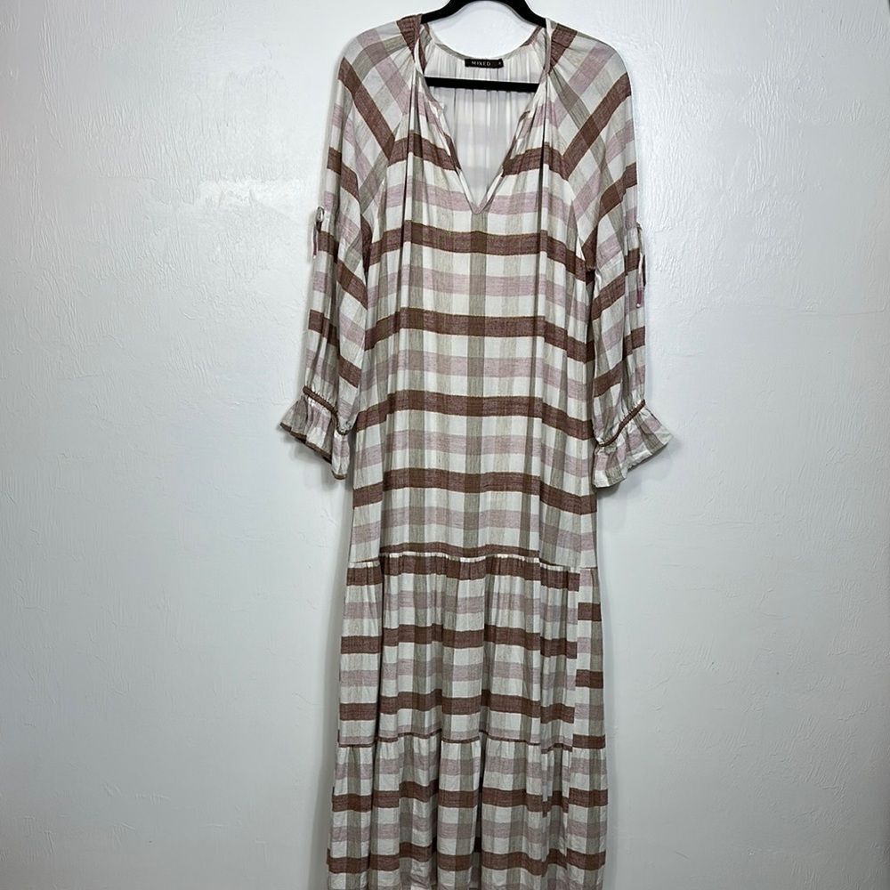 Mixed Boho Plaid V-Neck Long Sleeve Ruffle Cuffs Maxi Dress Size 6